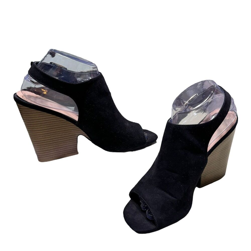 Wild Diva Lounge Open Toe Sandals Black Suede Size‎ 9 Wood Block Heel - Picture 5 of 11